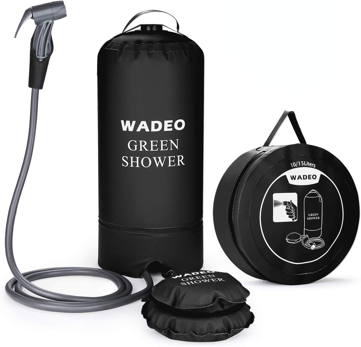 WADEO Camp Shower, 15L 4 Gallons Portable Outdoor Camping Shower Bag Pressure Shower with Foot Pump and Shower Nozzle for Beach Swim Travel Hiking Backpacking, Black : Sports & Outdoors