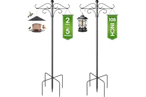 rumlick Shepherds Hooks for Outdoor, 2 Pack 108 Inch Heavy Duty Bird Feeder Pole with 5 Prongs Base, Adjustable Shepherds Hook for Hanging Birdhouses, Lanterns, Plant Baskets, Wind Chimes