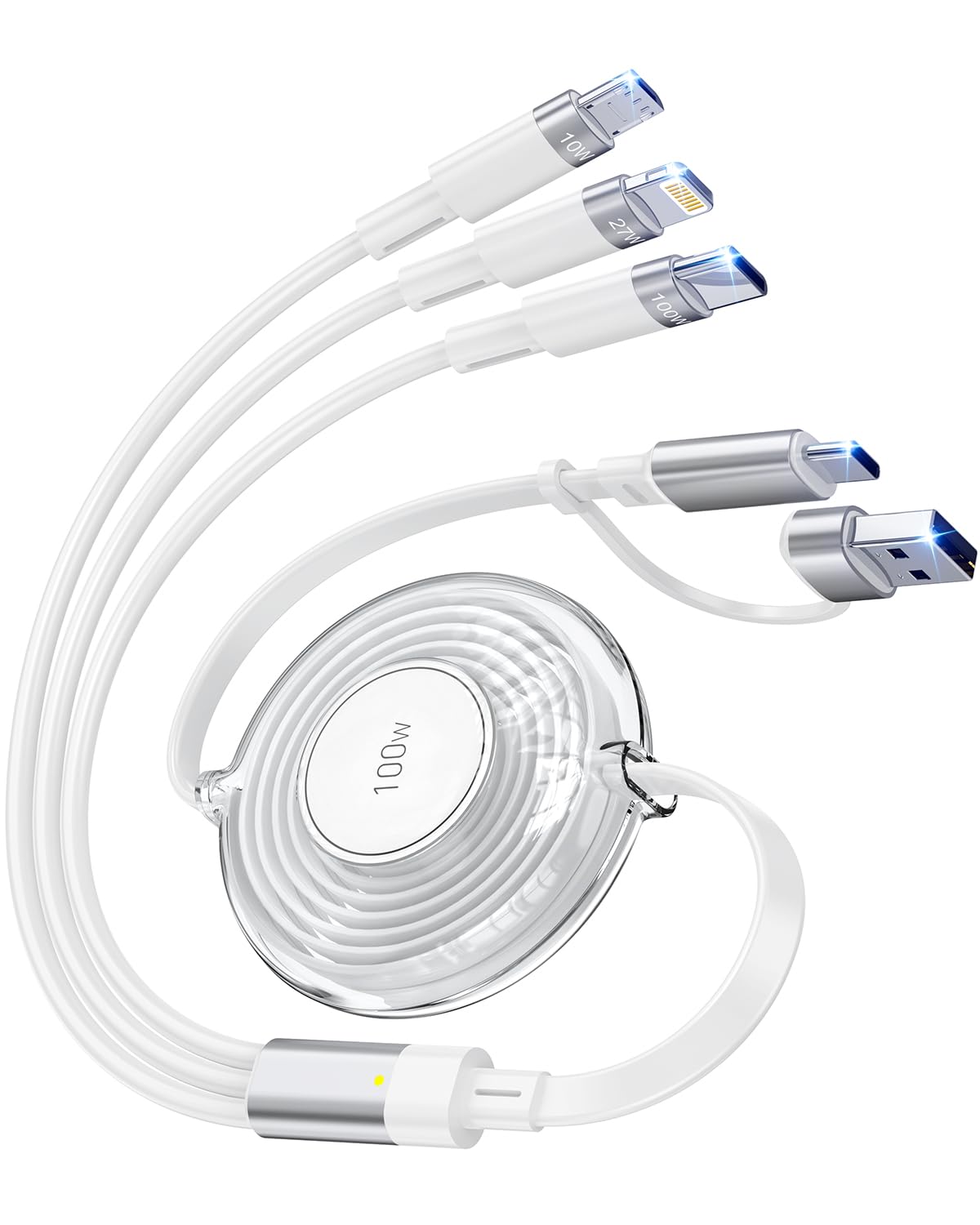 Photo 1 of 100W Multi USB Charging Cable, 6-in-1 Retractable USB C/Lightning/Micro Multi Charger Cords for iPhones, iPads, MacBook, Tablets, Galaxy, Note & More - 4Ft/1.2M 5A Fast Charging, Portable, White