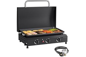 SKOK 3 Burner Gas Griddle with Hood- 23.3 Inch Outdoor Propane Griddle-45000 BTU Propane Fuelled, Portable Flat Top Gas Grill Camping Griddle with Lid for Kitchen, Outdoor BBQ, Camping