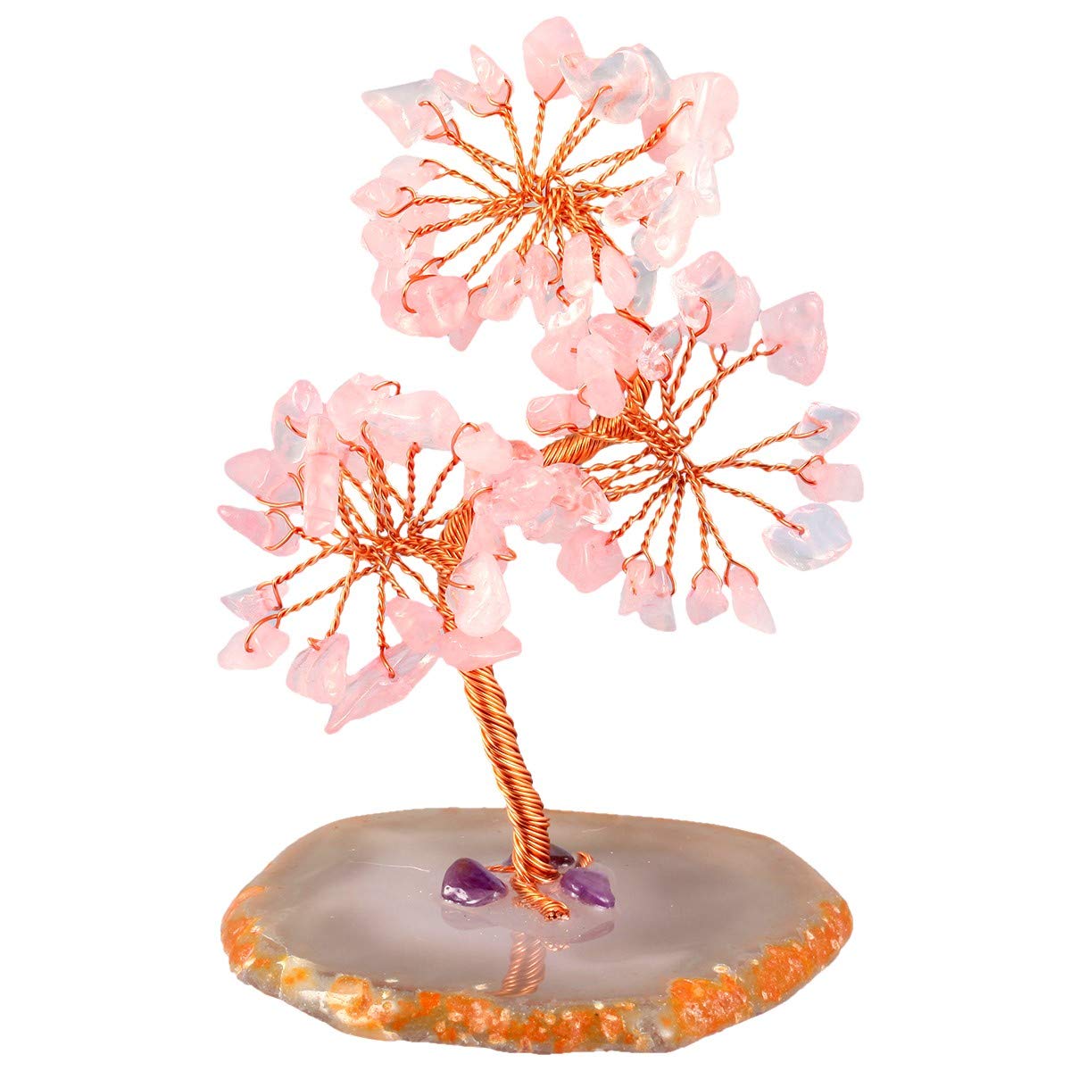 KYEYGWO Handmade Rose Quartz Crystal Money Tree for Good Luck Wealth Health, Figurine Bonsai on Natural Agate Slab 3.1"-3.9" High