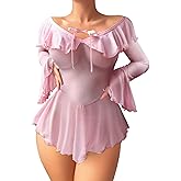 Foxiny Sexy Rave Ruffle Bell Long Sleeve Off Shoulder Mesh Sheer Babydoll Lingerie Set Dress with Thong 2 Piece