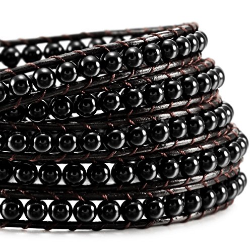 MOWOM Black Alloy Genuine Leather Bracelet Bangle Cuff Rope Simulated Agate Bead 5 Wrap Adjustable