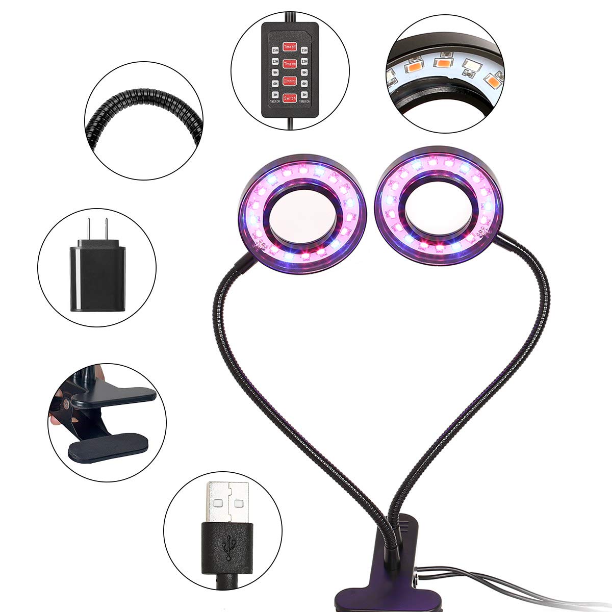 LED Grow Light,INKERSCOOP Succulent Light Indoor Auto ON/Off 18W 36 LED Dual Head 3-6-9-12-15 Timer 5 Dimmable Levels Grow Lamp Plant Growing Lights 3 Light Spectrum Change Blue/Red/RED&Blue Light