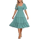 Women's Casual Summer Dress 2026 Square Neck Flutter Sleeve Smocked Tiered Midi Dress Swiss Dot Boho Flowy Dresses