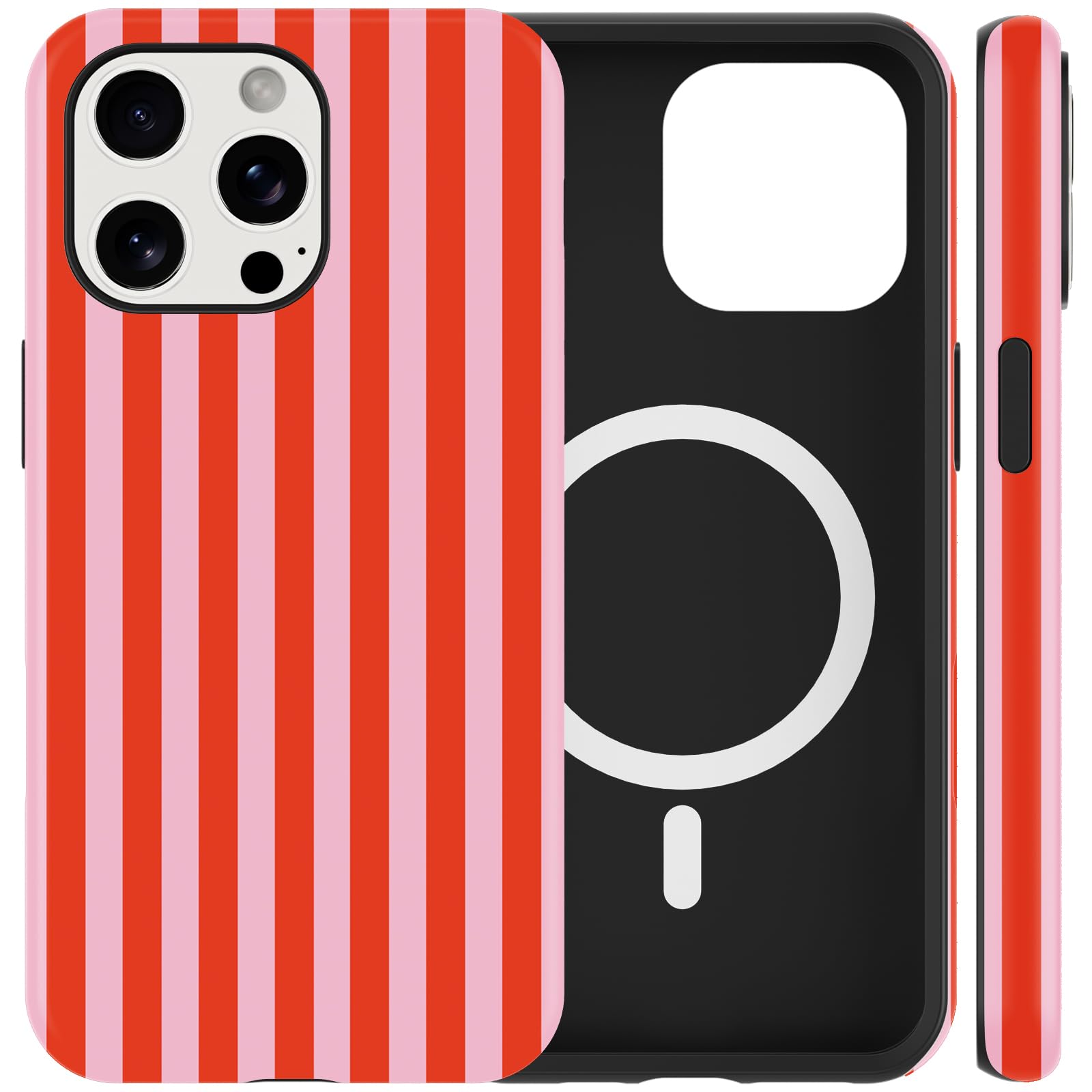 Yomjew Cute Striped Phone Case for iPhone 11 Pro Magnetic Case 5.8", Compatible with MagSafe, Fashion Aesthetic Pattern Design Cover Shockproof TPU Hard PC Protection Girls Women Funda, Red and Pink