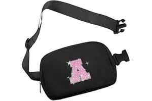 COSHAYSOO Black Belt Bag Small Waist Fanny Pack Crossbody Purse with Initial Letter Patch for Teen Girl Women, Nylon Cross Body Travel Everywhere Chest Pouch Trendy Birthday Christmas Gift (A)
