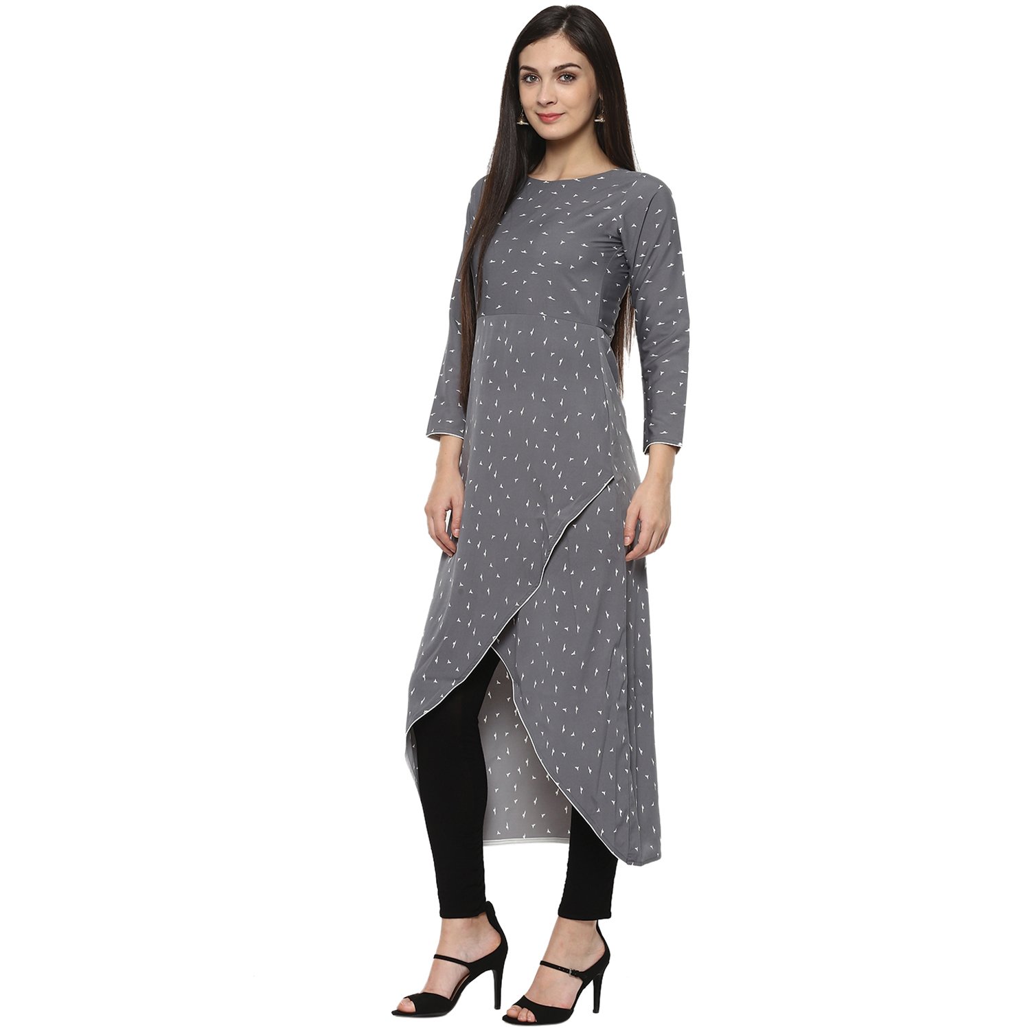 ives straight grey polyester animal print printed casual kurti for women