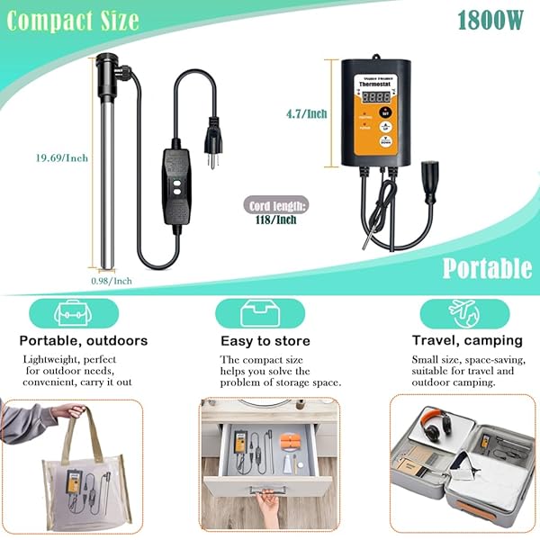 1500W TITANIUM PORTABLE HOT TUB HEATER WITH GFCI,SUBMERSIBLE BATH EXTRA IMMERSION HEATER WITH THERMOSTAT FOR BATHTUB, SMALL ABOVE GROUND POOLS, PORTABLE BAPTISTRY BAPTISMAL WATER HEATER