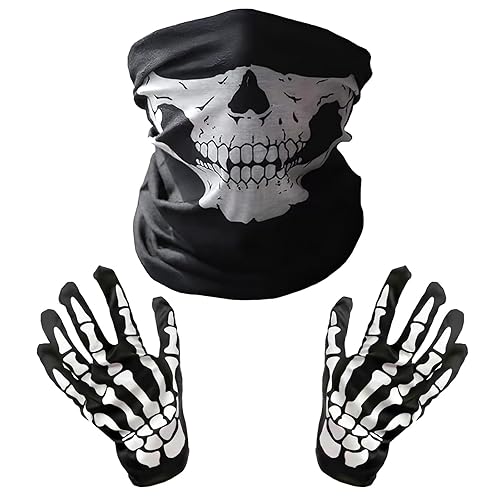 CYMYGS 1pcs Skeleton Gloves and Skull Face Mask Half Ghost Bones, Skull Mask and Gloves, Suitable for Adult Halloween Dance Cosplay Costume Party, Hunting, Fishing, Skateboard, Ski, Halloween Party