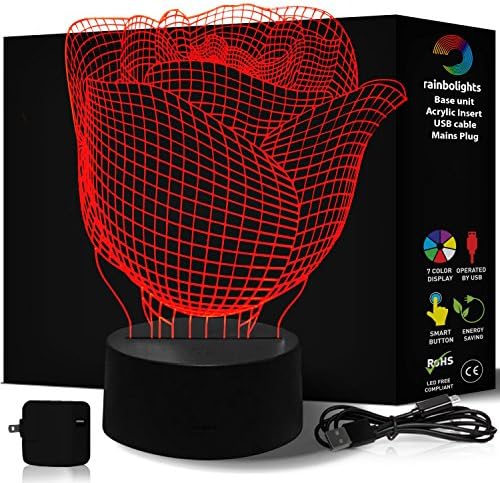 Romantic Gift IDEA 3D Illusion Rose Flower Send Flowers in a Different Way This Year! Includes Mains Plug and USB Cable Larger Size 218x185mm by rainbolights