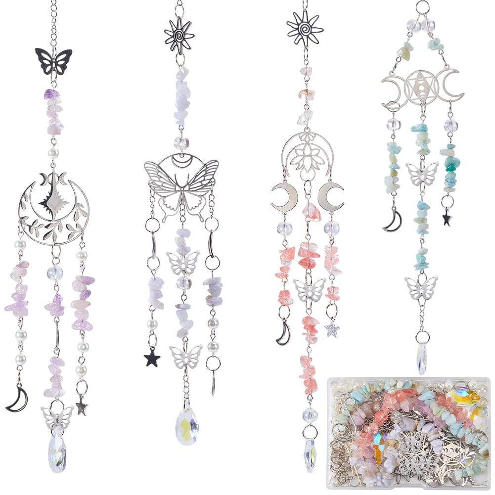 SUNNYCLUE 1 Box 4 Sets Butterfly Garden Suncatchers Crystals Rainbow Light Catchers Star Moon Sun Catchers Gemstome Beads Rainbow Maker Making Kit for Window Outdoor Hanging Ornament Home Deco Supply