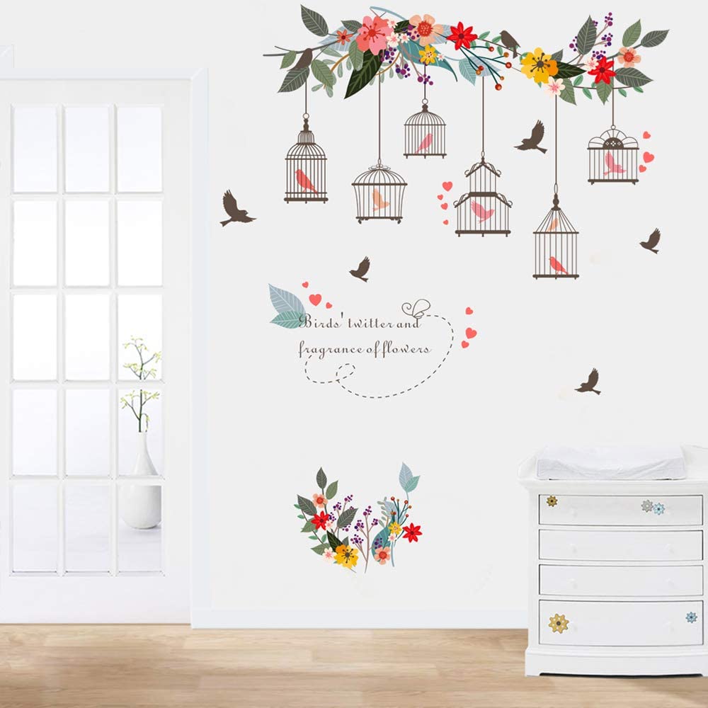 BuerHomie Wall Decor, Vine Flowers and Birds Wall Stickers, Wall Decal for Living Room, Bedroom, Kitchen, Wall Art for Adults, Boys, Girls