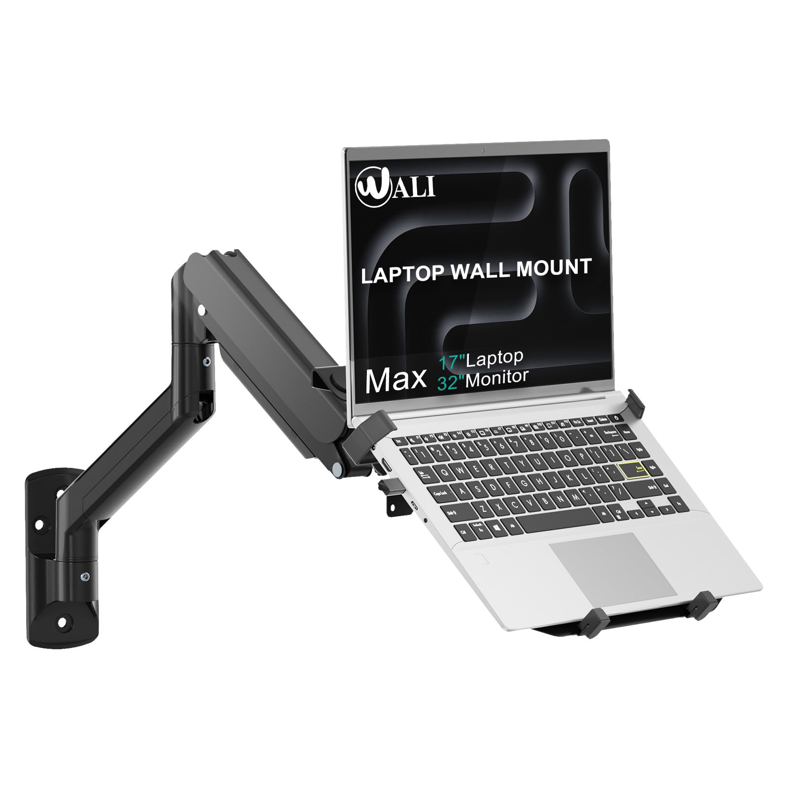 Photo 1 of WALI Laptop Wall Mount, Full Motion Adjustable Laptop Arm Fits 10 to 17" Notebook, 2-in-1 Monitor Wall Mount for 17 to 32" Computer Screen, Holds up to 15.4-22lbs(GSWM001NLP), Black
