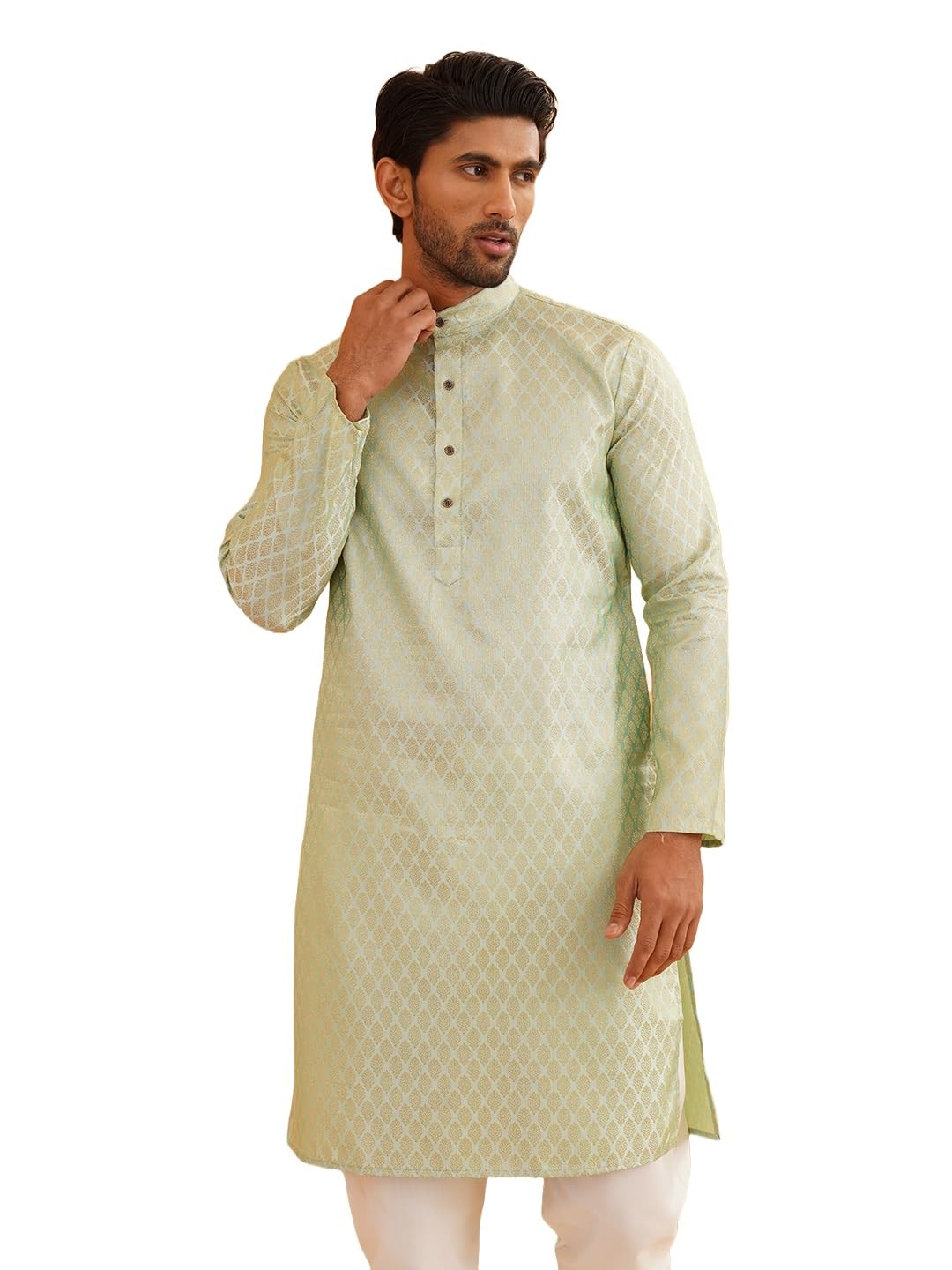 Photo 1 of Sojanya (Since 1958 Men'S Jacquard Silk Pista Green Self Design Only Kurta, Size 38