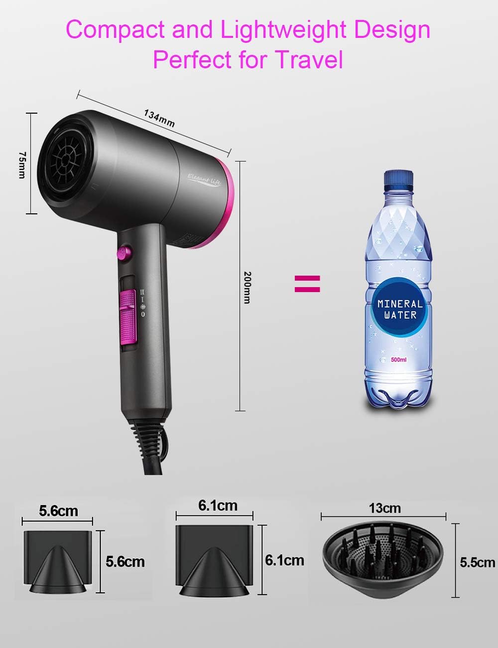 Ionic Hair Dryer, Elegant Life 1800W Professional Blow Dryer Built-in Powerful AC Motor, 3 Heating/2 Speed/Cold Settings, with 2 Nozzles and 1 Diffuser, for Home Salon, Travel, Pregnant & Kid: Health & Personal Care