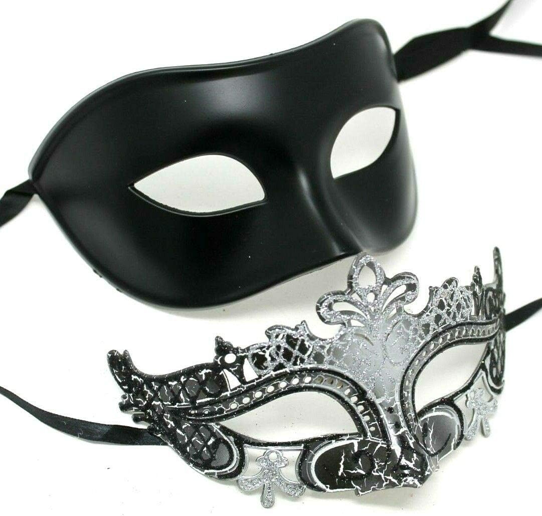 HIS N HERS PAIR OF CO-ORDINATED SILVER & BLACK COUPLES VENETIAN MASQUERADE CARNIVAL PARTY BALL EYE MASKS, Silver Black, 8cm deep - Image 3