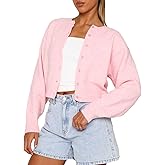 RUEWEY Women Y2k Crew Neck Button Down Long Sleeve Cropped Cardigan Knitted Sweater Light Jacket