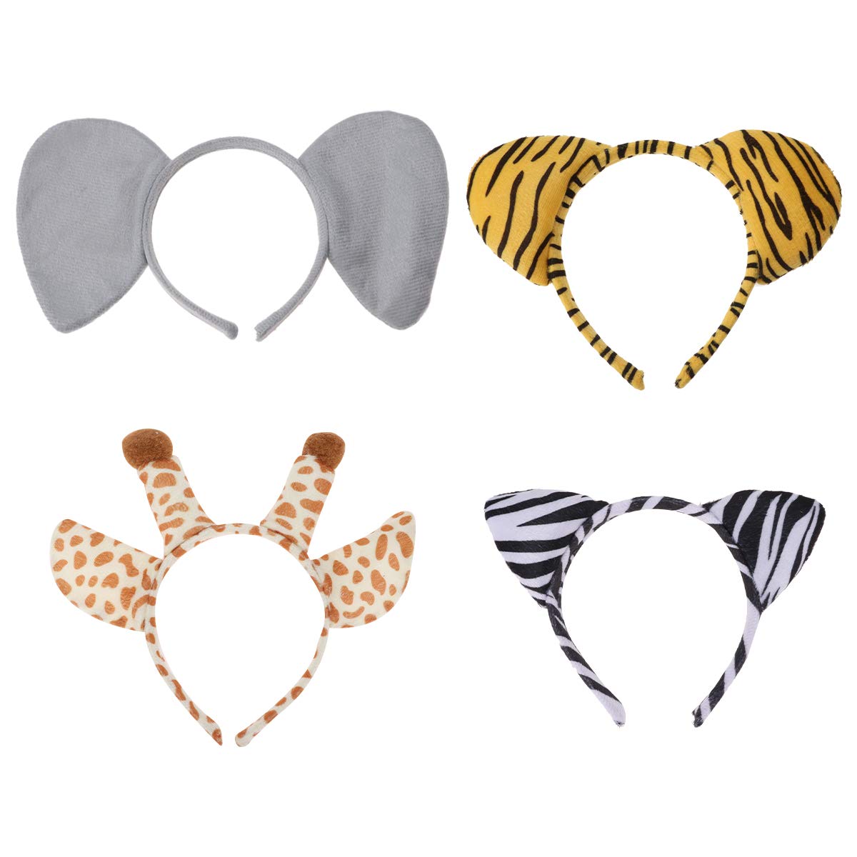 Lurrose 4pcs Animal Ear Headbands Tiger Elephant Zebra Giraffe Hair Hoop Headdress