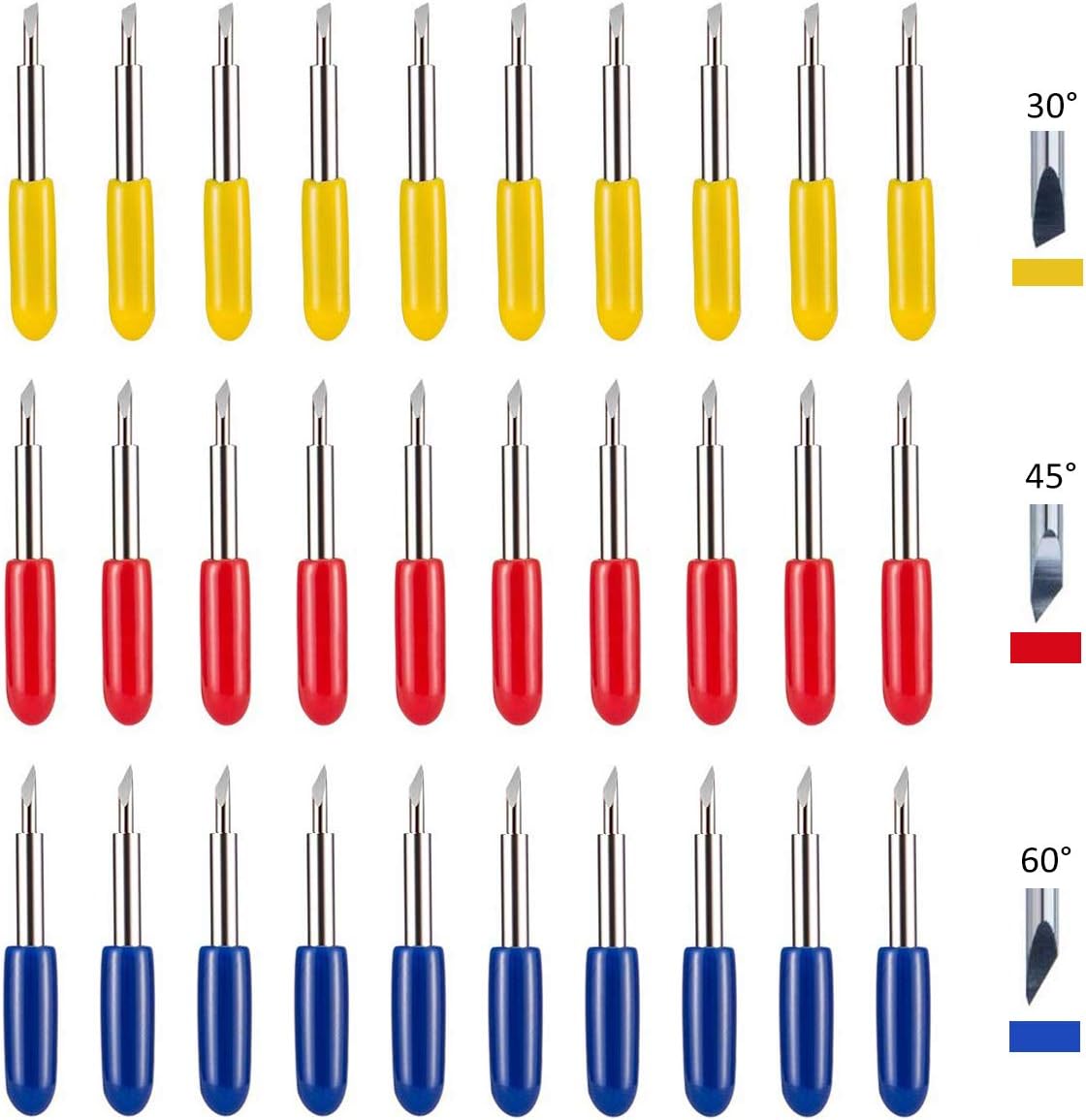 FICBOX 30 PCS Cutting Blades for Explore Air/Air 2 Maker Expression 10pcs 30ยฐ + 10pcs 45ยฐStandard + 10pcs 60ยฐ Deep Cut Vinyl Fabric Cutting Replacement Blades