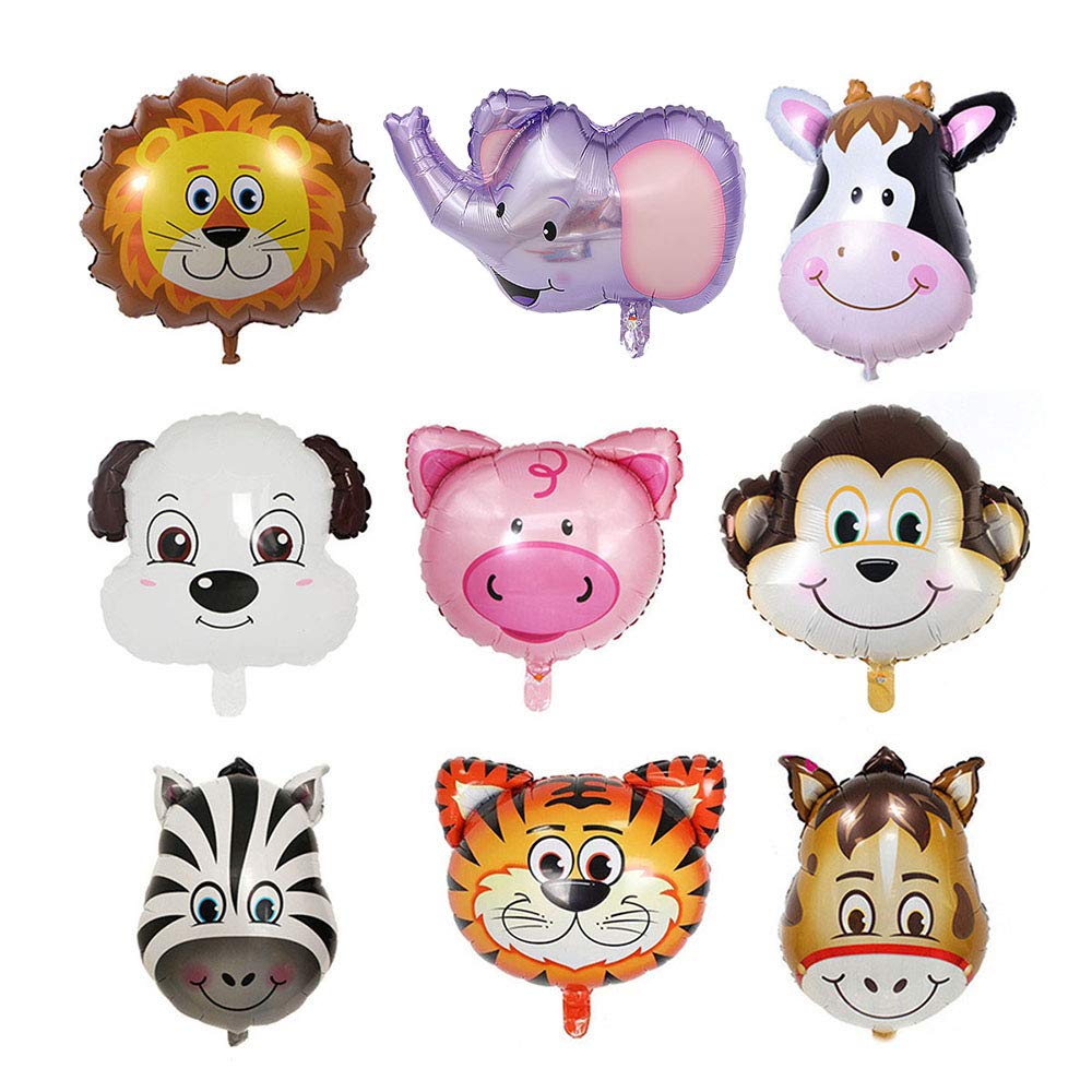 Jungle Animal Head Balloons, Lion Pig Cow Dog Monkey Zebra Tiger Donkey Foil Balloons, Kit Zoo Festival Party Supplies Kid's Gift 9PCS