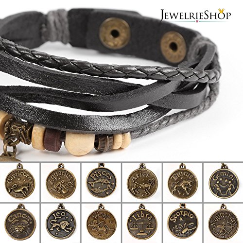Lucky Handmade Natural Constellation Zodiac Sign Logo Genuine Real Leather Bracelet with Charms, Beads, Button, Adjustable Size, Gift for Him or for Her, Unisex (Aries - Black Leather)