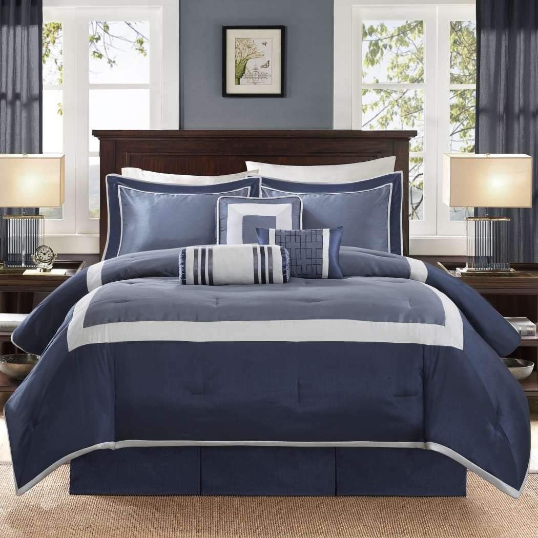 Amazon.com: D&H 7 Piece Navy Blue Silver Color Block Comforter King Set ...
