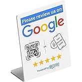 Compatible with Google Review Tap Stand by Revuzee with QR Code | NFC and Custom QR Code Pedestal Sign for Business | Includes Analytics and Customizable Landing Page | 4" Wide x 5" Tall | White