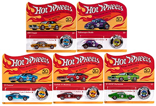 Hot Wheels 2018 50th Anniversary Originals Redlines Series Complete Set of 5 1/64 Diecast Cars, w/Button