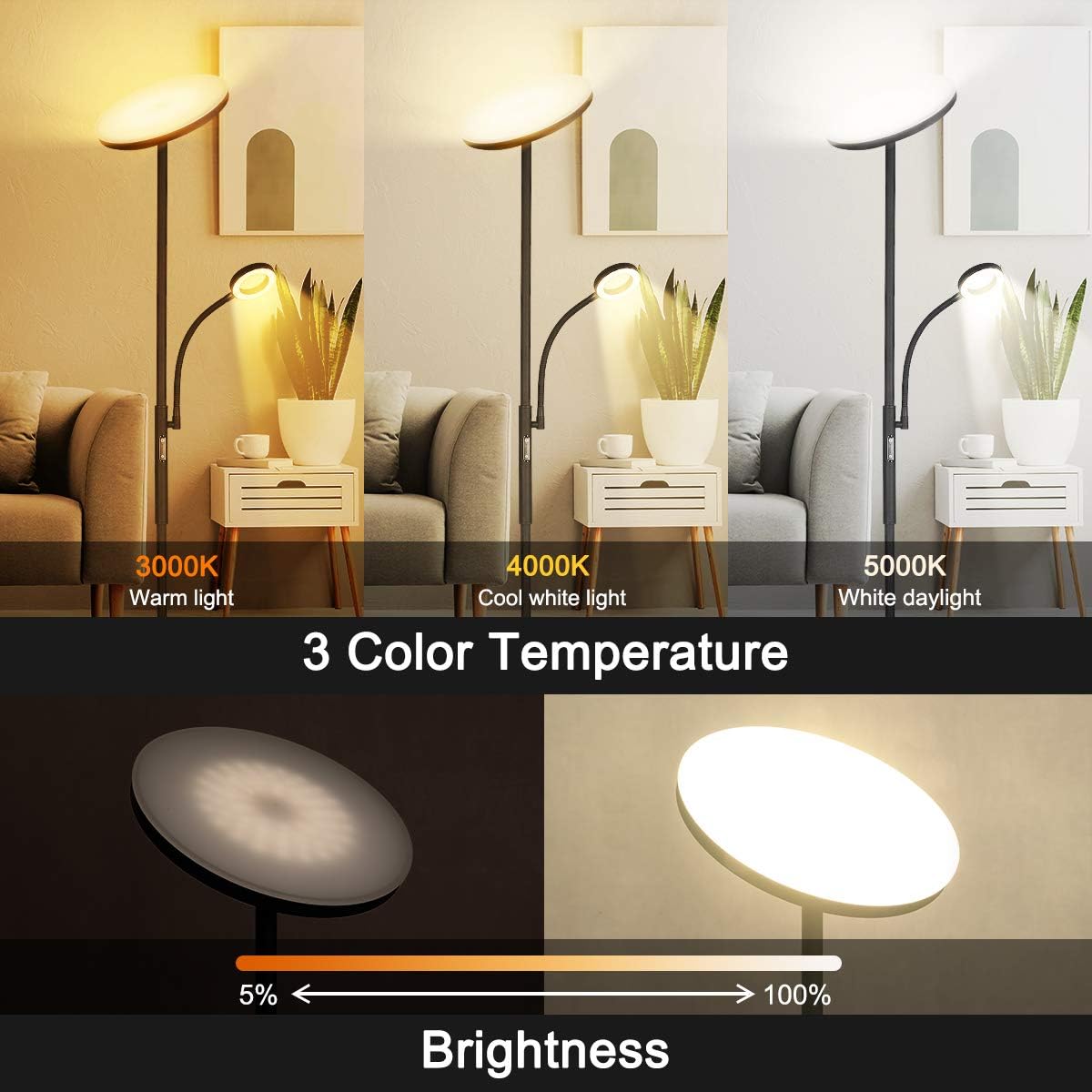 LED Floor Lamp - Soarz Torchiere Floor Lamp with Adjustable Reading Lamp,2000lumens Main Light and 400lumens Side Reading Light for Living Room, Bedroom, Office, Working with Remote Control: Home Improvement