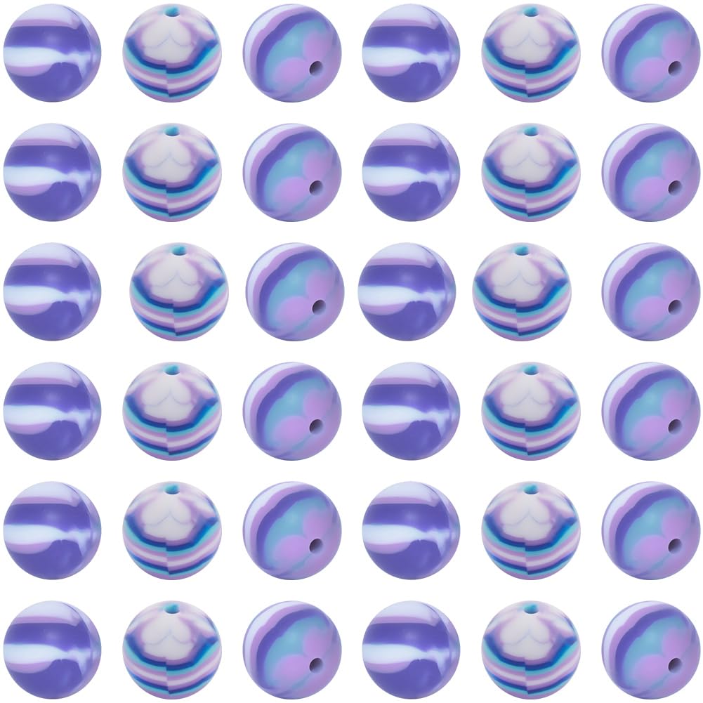 SUNNYCLUE 1 Box 50Pcs Print Silicone Beads 15mm Printed Round Bead Bulk Soft Rubber Blue Flower Pattern Focal Loose Spacer Lanyard Ball Beads for jewellery Making DIY Necklace Bracelets Earring Crafts