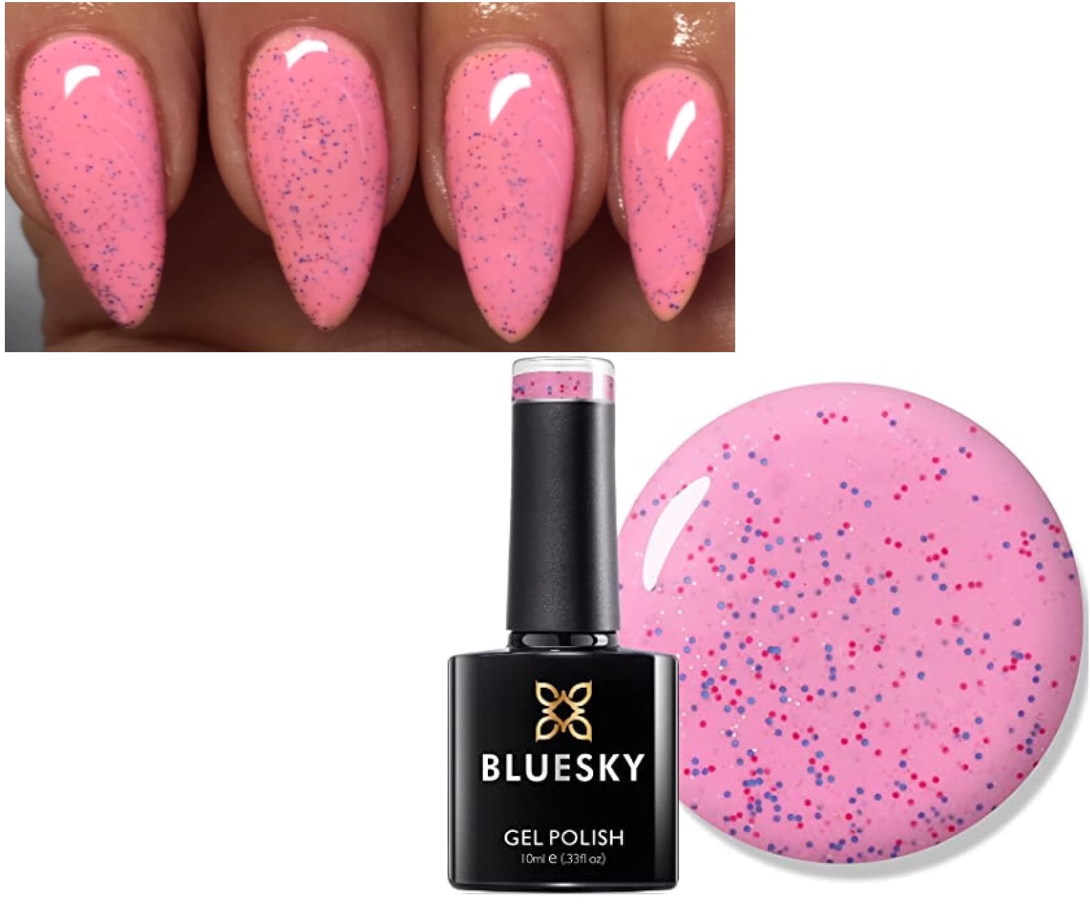 Bluesky Nail Gel Polish PINK KISSES, PINK WITH COLOURED SPECKLES 63908 UV LED Soak Off 10ml