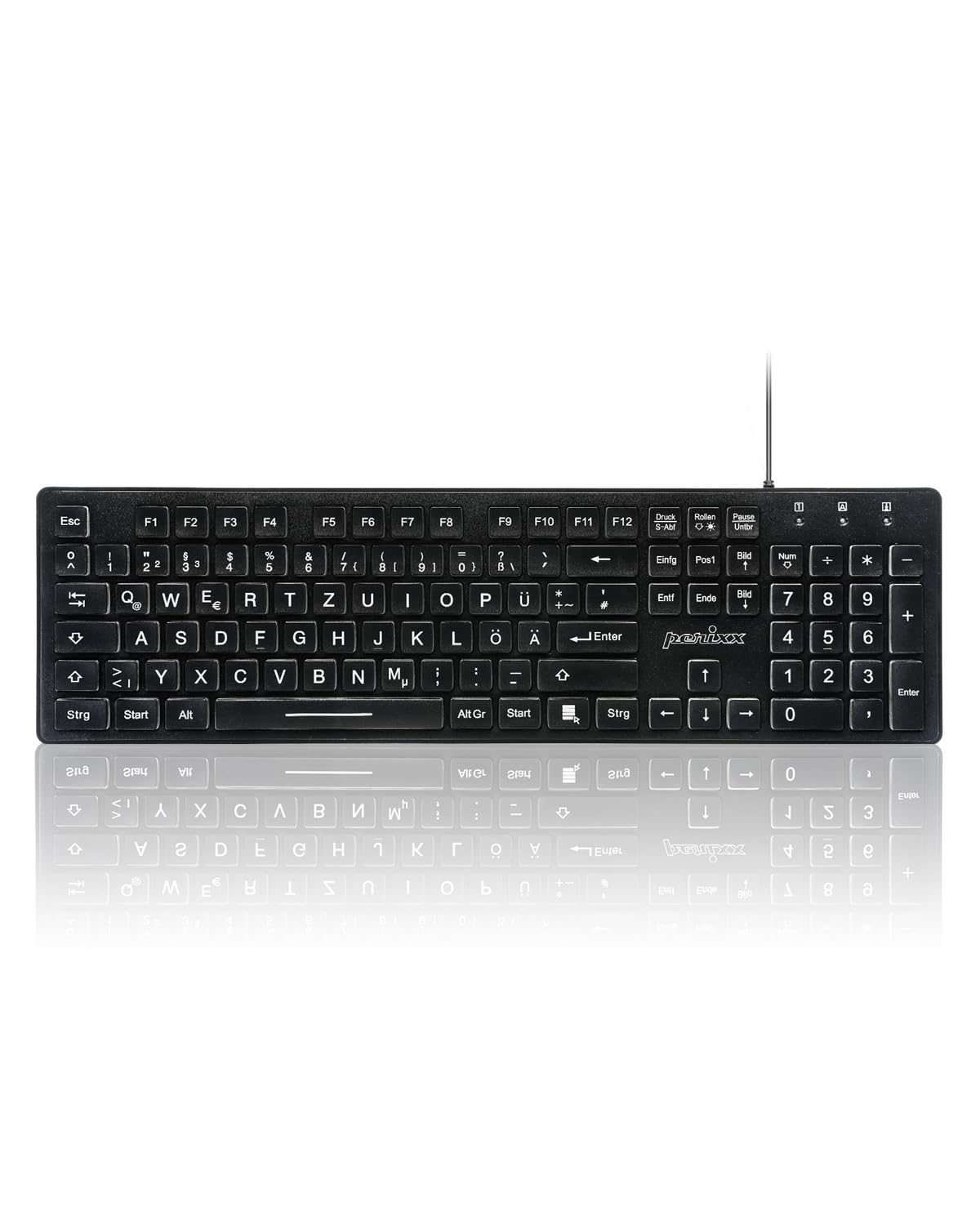 Perixx Periboard-317, wired keyboard with white LED backlight, large print letters, full format, black, German QWERTZ layout