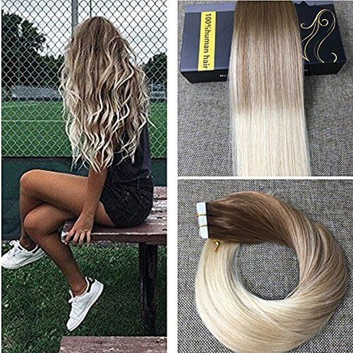 Ugeat 16" Glue in Colored Extensions Full Head Balayage Ombre Hair Extensions Dip Dye Hair Color #6 Fading to #60 Tape in Real Hair Extentions 50Gram