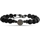True Religion 7.5mm Black Bead Horseshoe 12 Inch Long Adjustable Bracelet for Men Black Rhodium Plated Stainless Steel