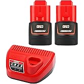 TENMOER 2 Pack 12V 3.0Ah Battery Compatible with Milwaukee 12V Battery with Charger Starter Kit (Not Made in Milwaukee)