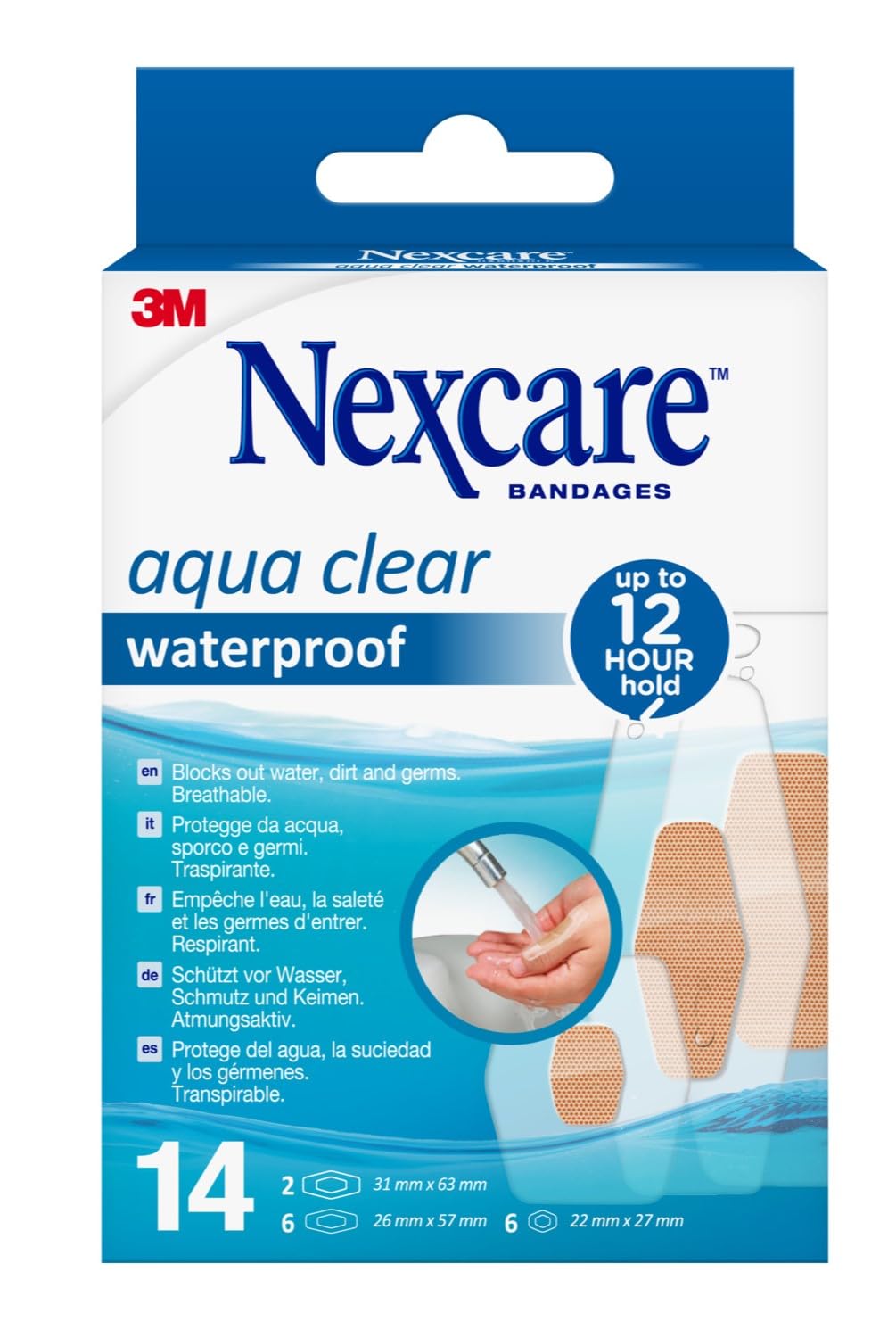 Nexcare Aqua Clear Waterproof Plasters , Assorted Sizes, 14 Plasters per Pack, Waterproof for Wounds and Minor Scratches, Bandages for First Aid Kits