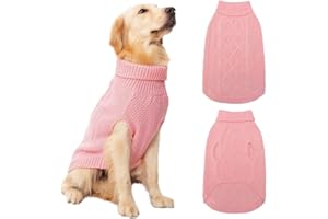 Mihachi Turtleneck Dog Sweater - Winter Coat Apparel Classic Cable Knit Clothes with Leash Hole for Cold Weather, Ideal Gift for Pet in New Year Flesh Pink Large