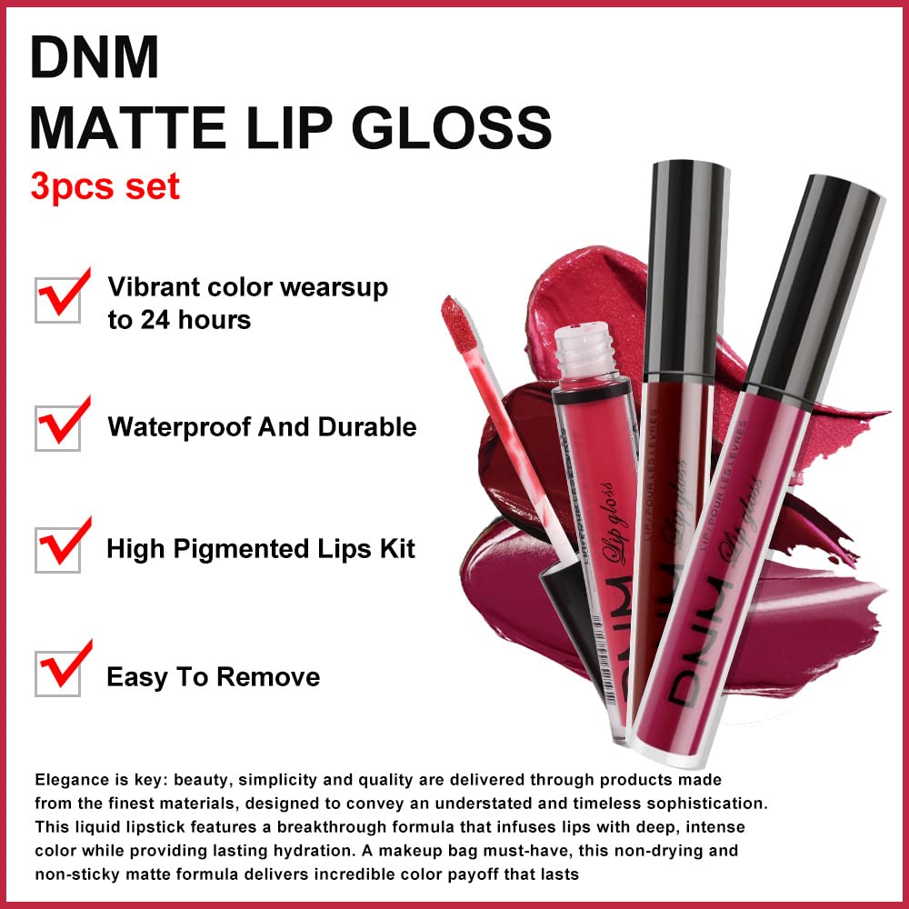 AMY'S DIARY 3Pcs Dark Red Matte 24 hour Liquid Lipstick Sets,Matte Lip Stain Long Lasting 24 Smudge Waterproof Lip Gloss Gift Makeup Set Lipstick for Women Lippies (06)
