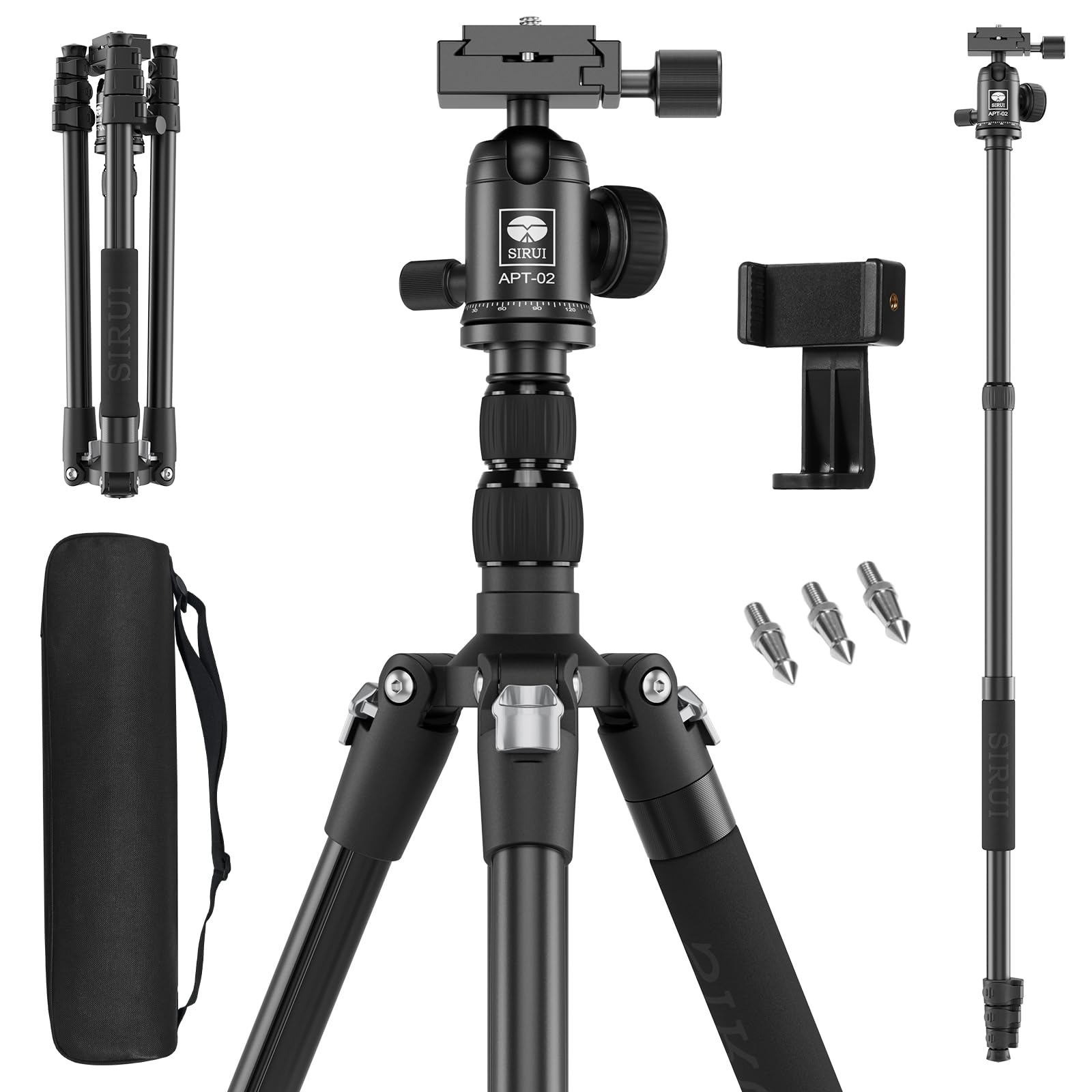 SIRUI APT-02 2-in-1 Tripod & Monopod Set with 360° Ball Head | 200 cm Height, 10 kg Load Capacity | For DSLR, Smartphone & Actioncam | Includes Mobile Phone Holder & Bag