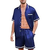SWOMOG Men Satin Silk Pajamas Sets with Pockets Button-Down PJs Sets Short Sleeve Classic Sleepwear 2 Piece Loungewear