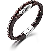 Zysta Leather Bracelet for Men Double Layered Genuine Leather Beaded Bracelet Tiger Eye Lava Rock Stone Braided Leather Cuff Bracelet with Stainless Steel Clasp Mens Wristband Bangle