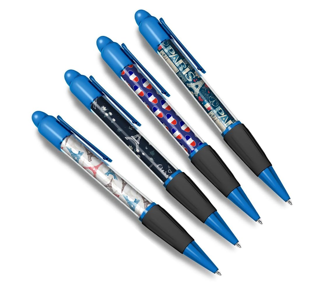 DV DESIGN Set of 4 Paris Blue Ballpoint Pens - France French Eiffel Tower Pattern Travel Holiday Theme Boys Girls Men Women Pen Black Ink #81372