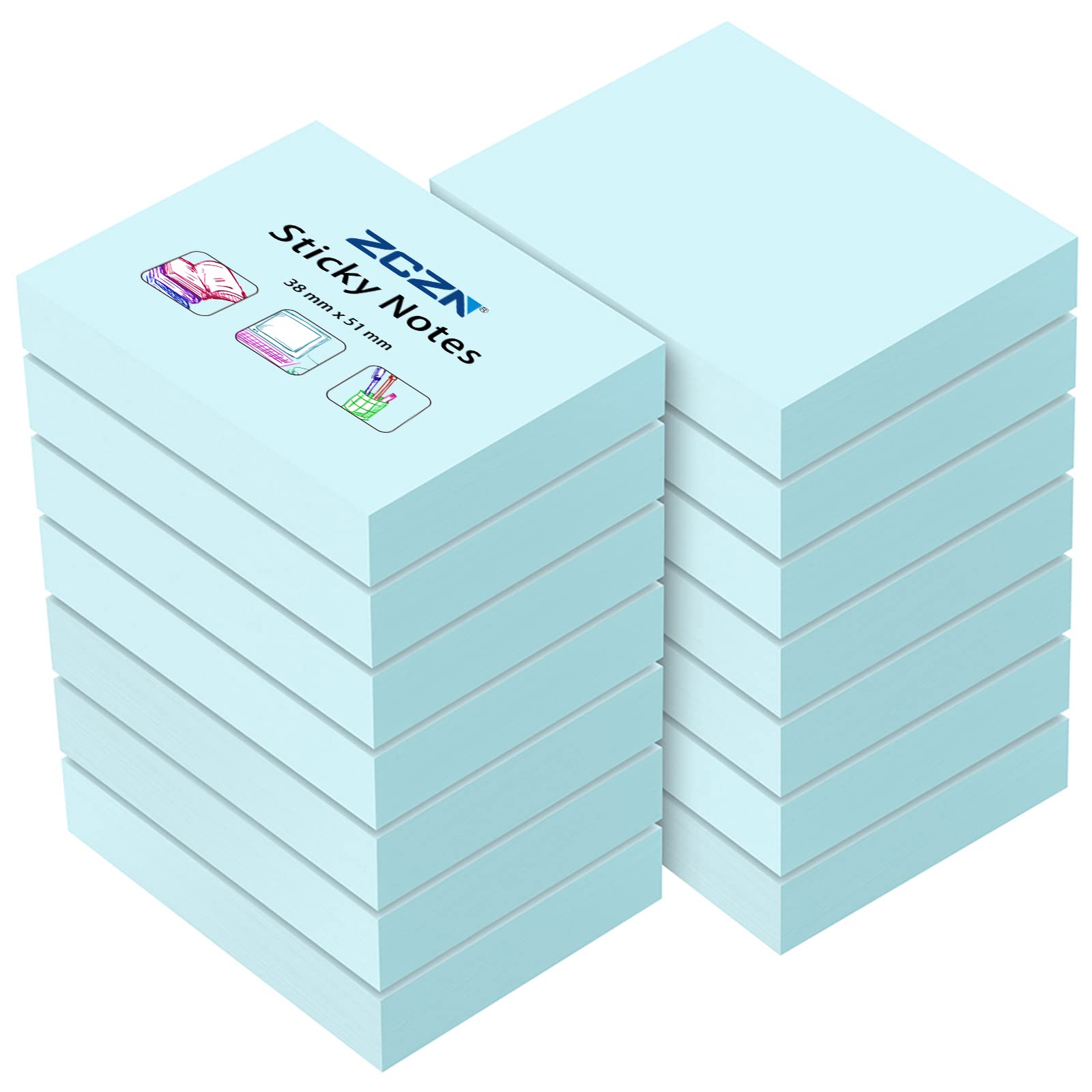 ZCZN Small Sticky Notes 38 x 51mm, 100 Sheets/Pad, 14 Pads, Light Blue