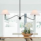 VANZARLA Modern Linear Chandelier for Kitchen Island, 2-Light Linear Light Fixture with Off-White Fabric Shade, Rustic Pendan