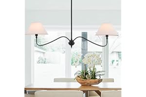 VANZARLA Modern Linear Chandelier for Kitchen Island, 2-Light Linear Light Fixture with Off-White Fabric Shade, Rustic Pendan
