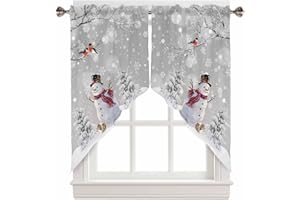 BEMIGO Christmas Tree Snowman Kitchen Valance Curtains, Farmhouse Swag Valances Snowflake Cardinal Gray for Bathroom Bedroom, Rod Pocket Window Curtains Over Sink 36'' W x L,2 Panels