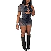 VOIKERDR Short Sleeve Jumpsuits for Women Mesh Cut-out Bodycon One Piece Romper Sexy Club Outfits