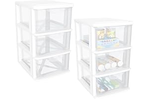 Mini Desktop White Storage Organizer Box Storage Container Case with 4 Clear Plastic Drawer Oragnizer for Arts and Crafts, Sm