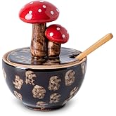 Black Ceramic Mushroom Salt Cellar Jar with Lid and Spoon Salt Box Holder | Black reactive glaze ceramic salt cellar with a red mushroom handle lid bamboo spoon for kitchen counter condiment storage